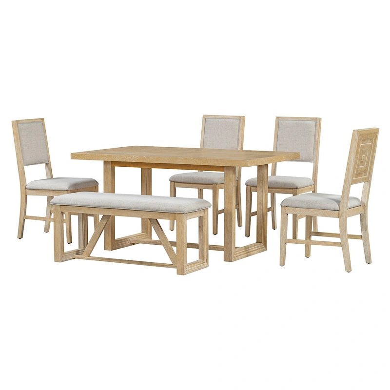 6 Piece Dining Table Chair Set, Wooden Kitchen Furniture Set with Acacia Wood Rectangular Table, 4 Chairs and 1 Bench