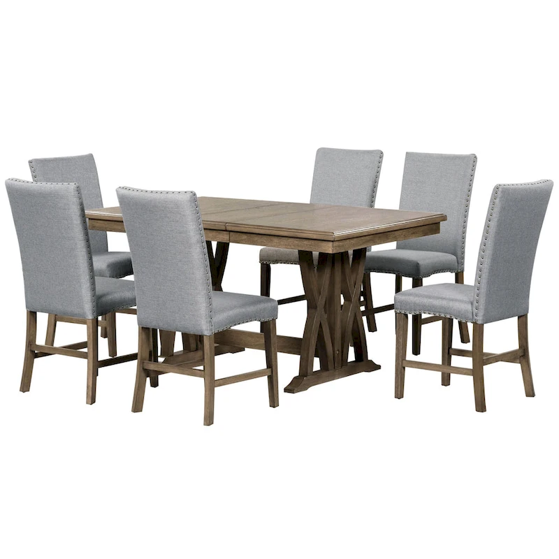 7-Piece Wooden Dining Table Set with Extendable Table & 6 Chairs