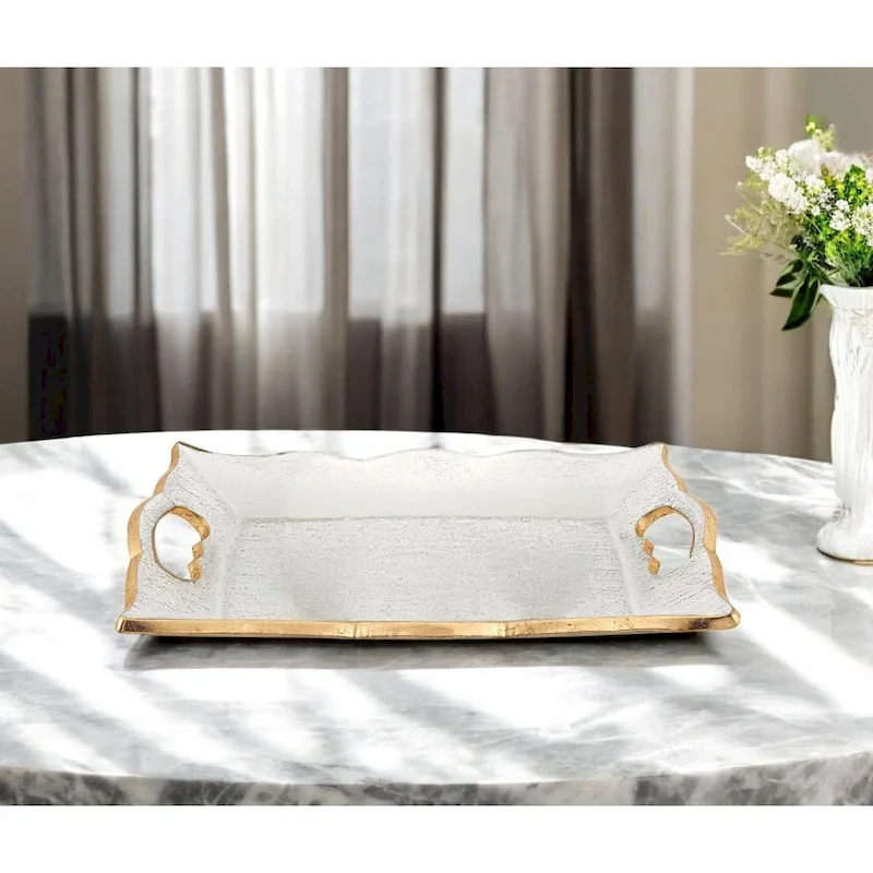 HomeRoots 11  Clear And Gold Seeded Glass Serving Tray With Handles