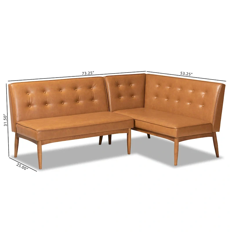 Arvid Tan Faux Leather and Walnut Wood 2-PC Dining Nook Banquette Set