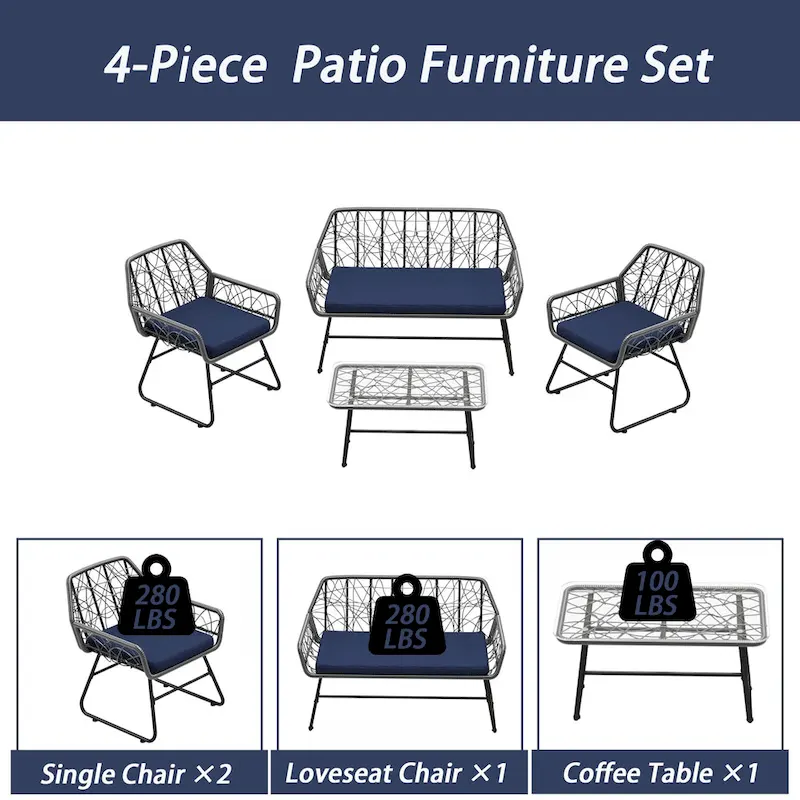 4-Piece Wicker Patio Set with Tempered Glass Table and Detachable Blue Cushions