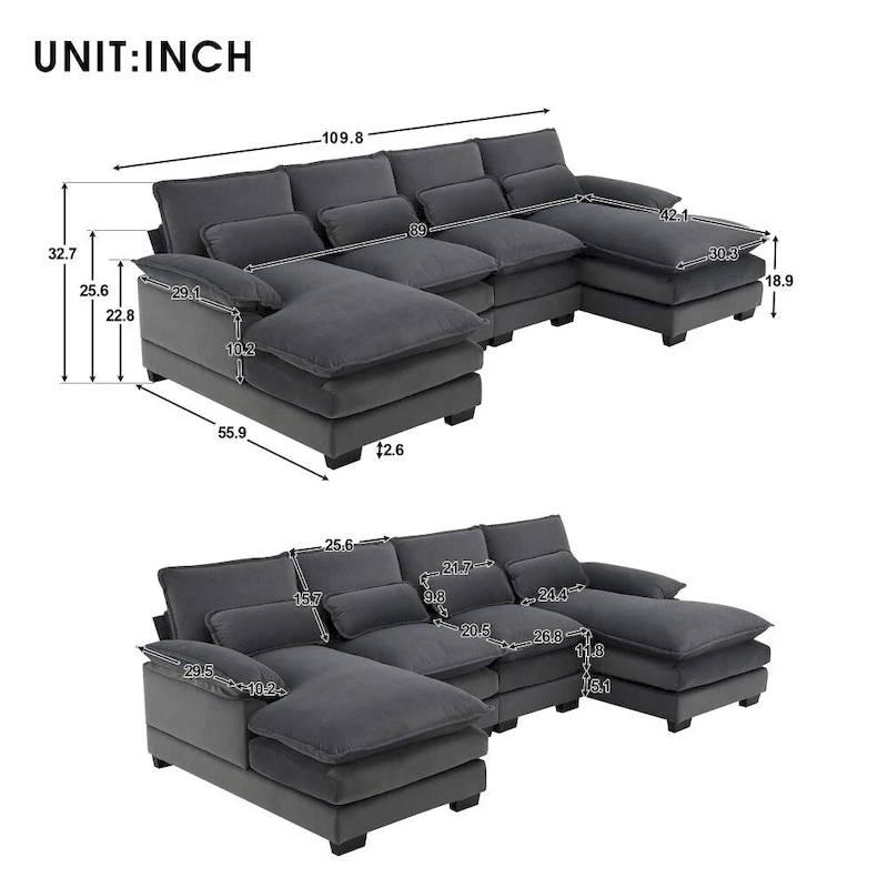 Modern U-shaped Sectional Sofa with Waist PillowsSleeper Sofa Couch with Chaise Lounge