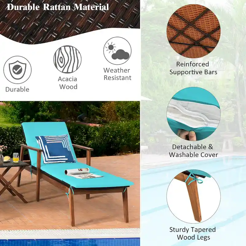 Costway 3PCS Patio Rattan Lounge Chair Folding Table Set Chaise Wood