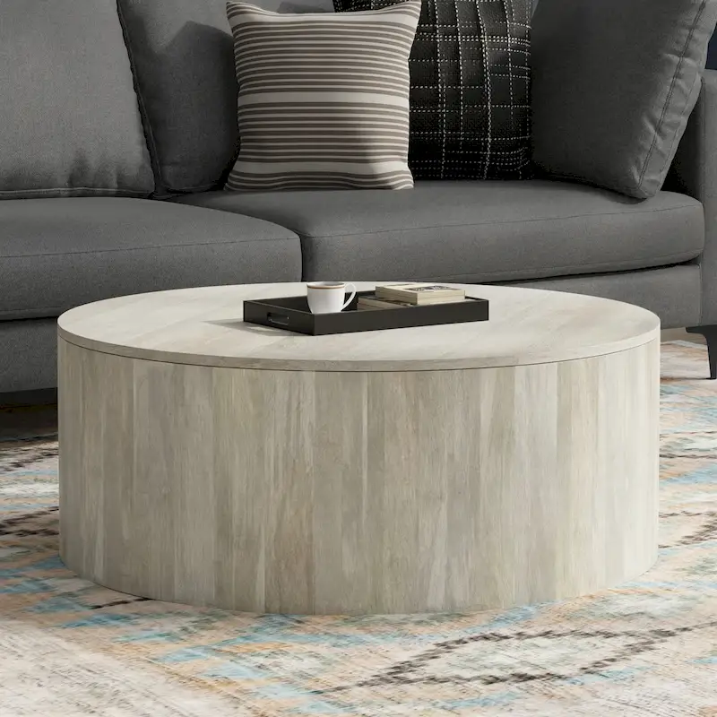 WYNDENHALL Hillmount SOLID MANGO WOOD 36 inch Wide Round Contemporary Drum Coffee Table & Fully Assembled - 36d x 36 w x 14h