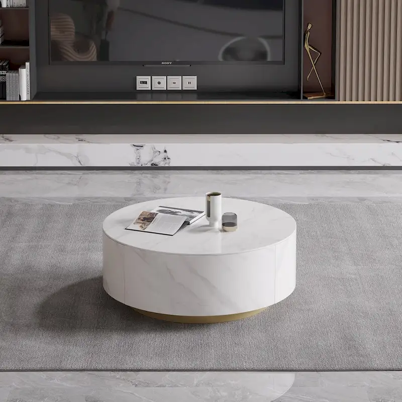 Modern Round Coffee Table with 2 Drawers, Sintered Stone Tabletop and Golden Base