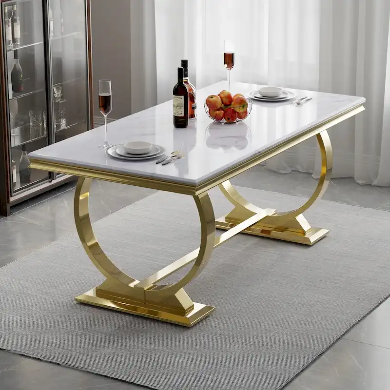Luxury Dining Table with Polished Metal Circle Base - 72 Inch