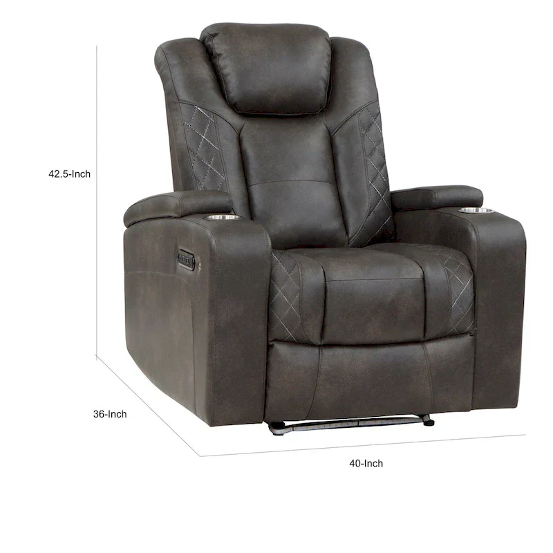 Mia 40 Inch Power Recliner Chair, Gray Faux Leather, LED, USB, Cupholders