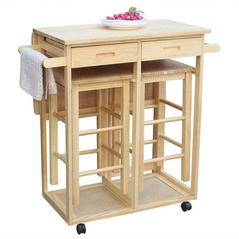 Square Solid Wood Folding Dining Cart with 2 Free Stools Natural