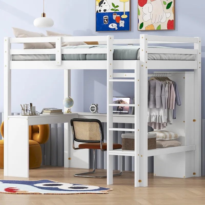 White Twin Size Solid Wiood Loft Bed with L-shaped Desk, Wardrobe and Storage Shelves