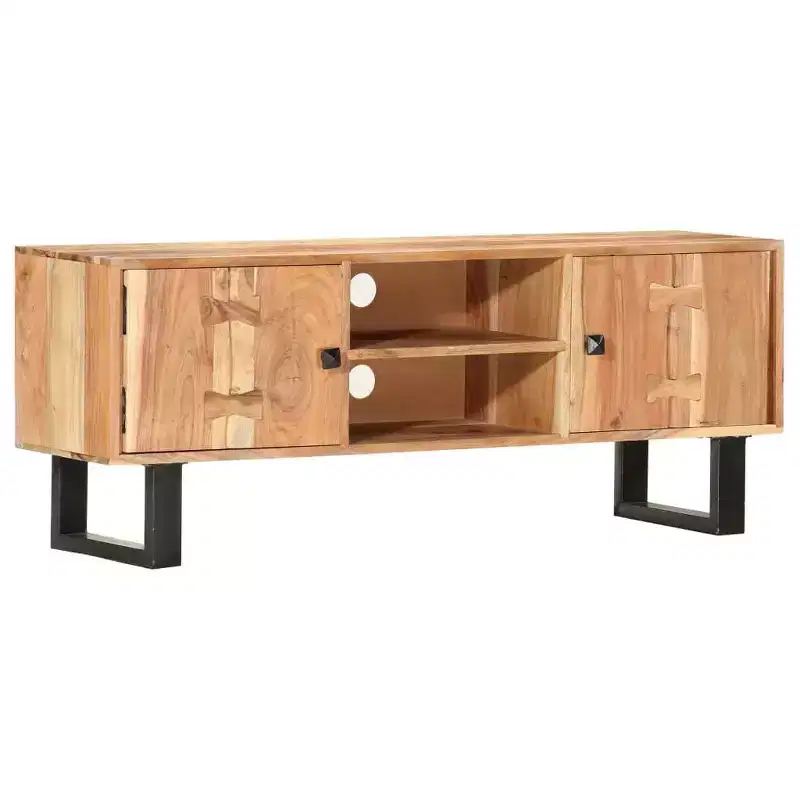 Brown Solid Acacia Wood TV Stand, 2-Door Media Console, Fits up to 40