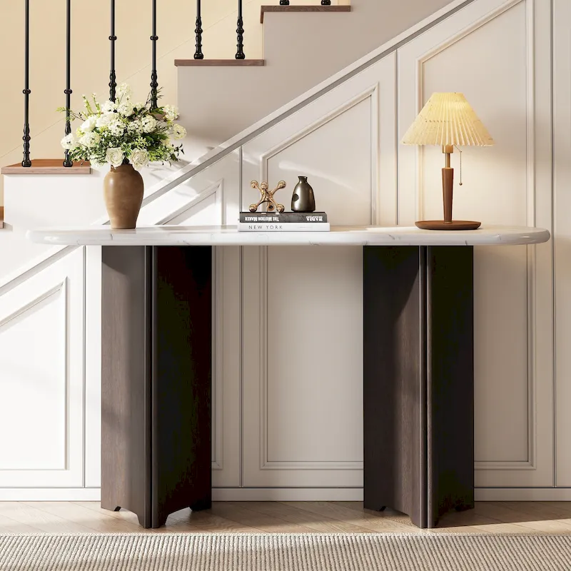 53.9 Console Table with Faux Marble Top & Wood Base