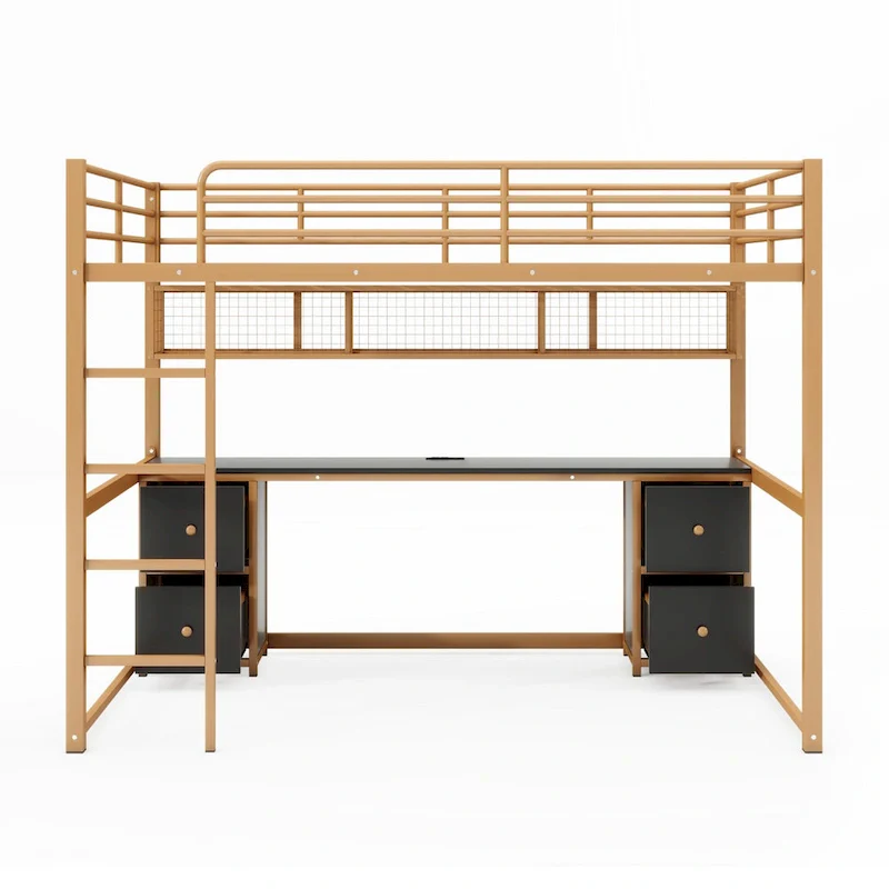 Gold+Black Full Metal Loft Bed with Desk, Drawers & Charging Station