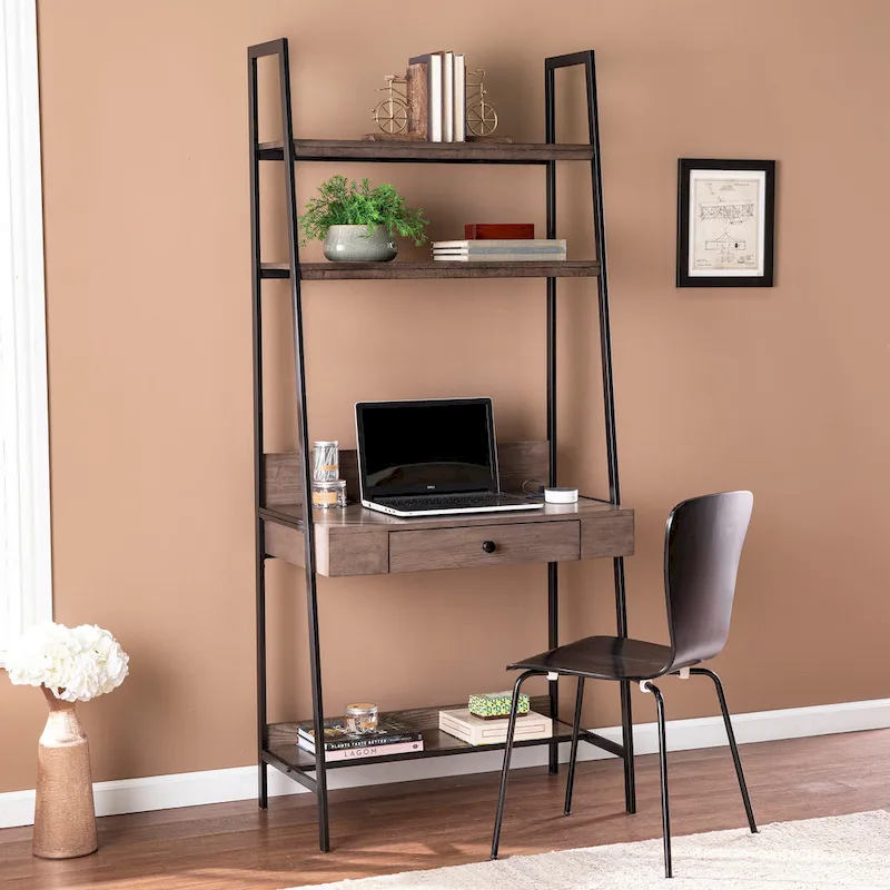 Ladder Desk - Gray Wood, 3 Shelves, 1 Drawer, Wireless Charger, Industrial, 33W x 75.25H