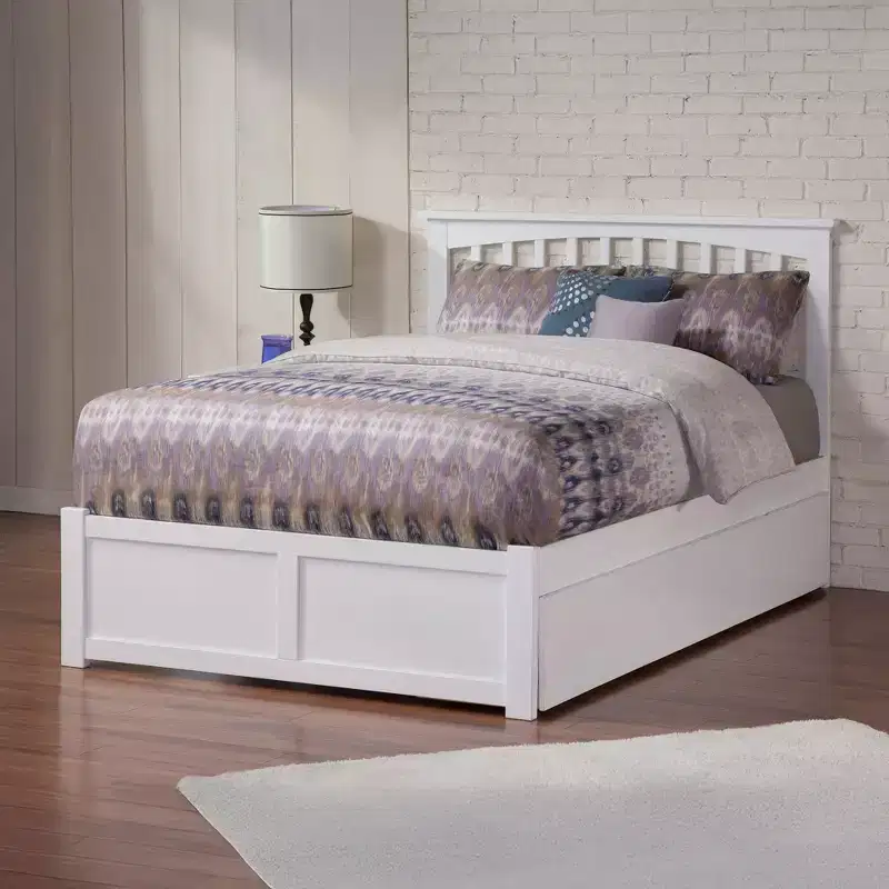 White Full Size Mission Style Slatted Platform Bed Frame with Trundle