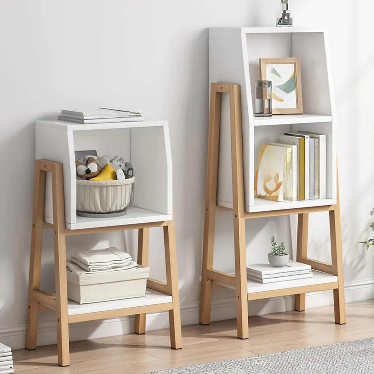 Narrow 2-Tier Natural White Wooden Ladder Bookcase
