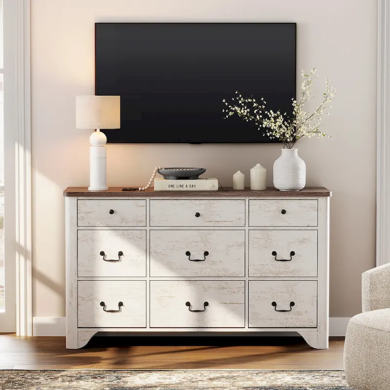 53.5 Wide Farmhouse White Dresser TV Stand with Curved Edge Design and Wide Chests of Drawers