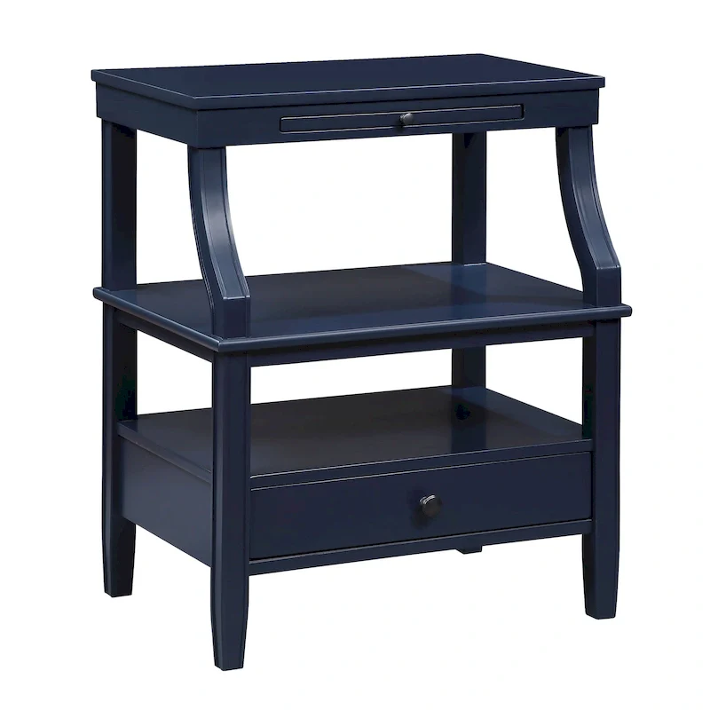 3-Tier Side Table with Drawer & Pull-Out Drink Tray — Navy Blue / Antique Grey / Antique White, 1-Person