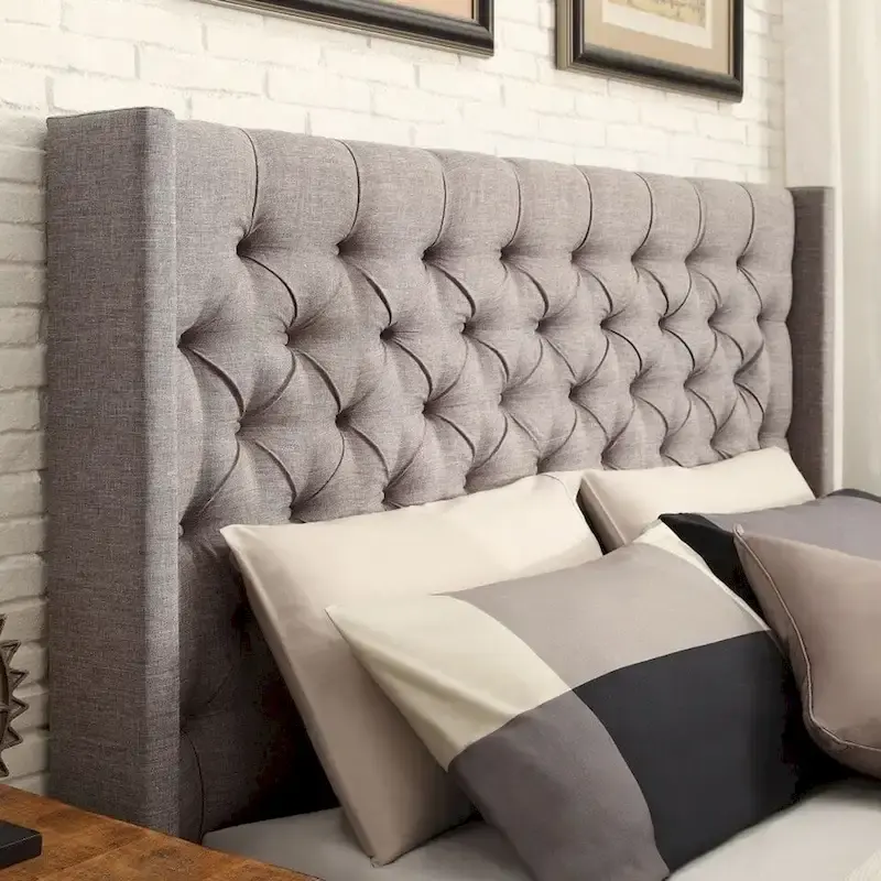 Full Wingback Button-Tufted Headboard, Beige/Dark Grey/Grey, Linen