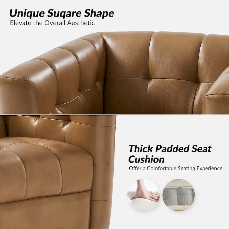 JeremiasMid-certury Modern GenuineLeatherTufted SwivelClubChair with Wooden Apron by HULALA HOME