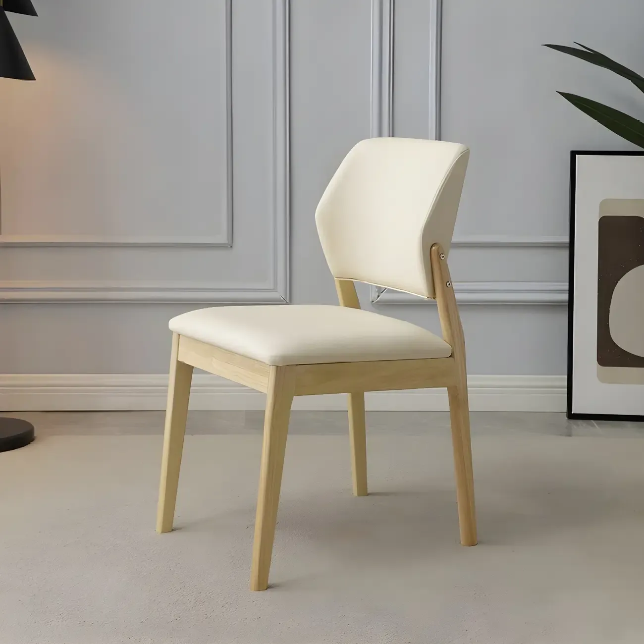 Modern Wood Faux Leather Beige Low Back Dining Chair
