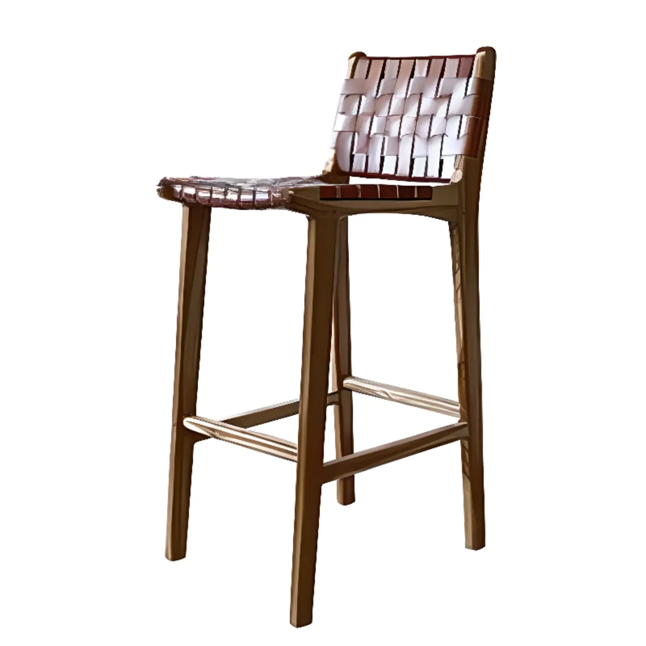 Rustic Faux Leather Wooden Woven Bar Stool