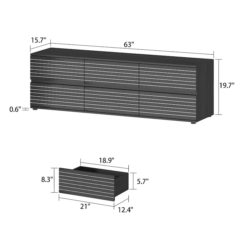 Low Profile Dresser/TV Stand - Black & White, 6 Drawers, 63W x 19.7H, Multi-Functional