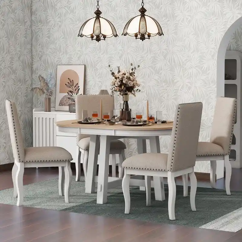 Farmhouse Dining Table Set Wood Round Extendable Dining Table and 4 Upholstered Dining Chairs