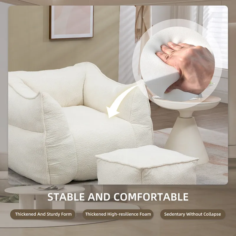 Boucle Upholstered Deep Seat Armless Square Bean Bag Chair with Ottoman