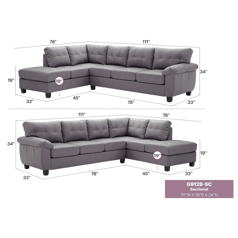Gallant 111 in. W 2-piece Faux Leather L Shape Sectional Sofa - 78 L x 111 W x 32 H