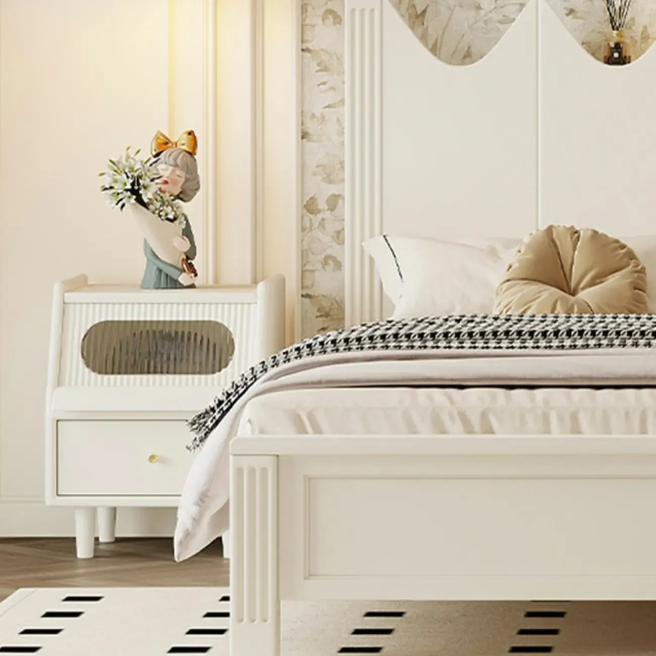 White Rubberwood 2 Drawers Narrow Nightstand with Legs