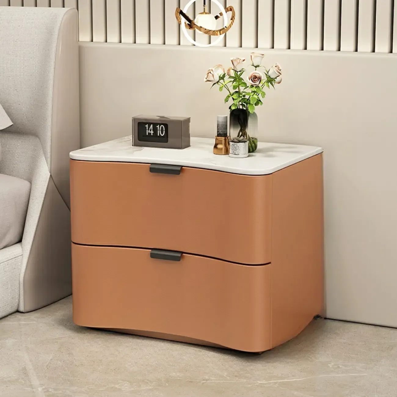 Modern Waved Stone Top Leather 2-Drawer Nightstand