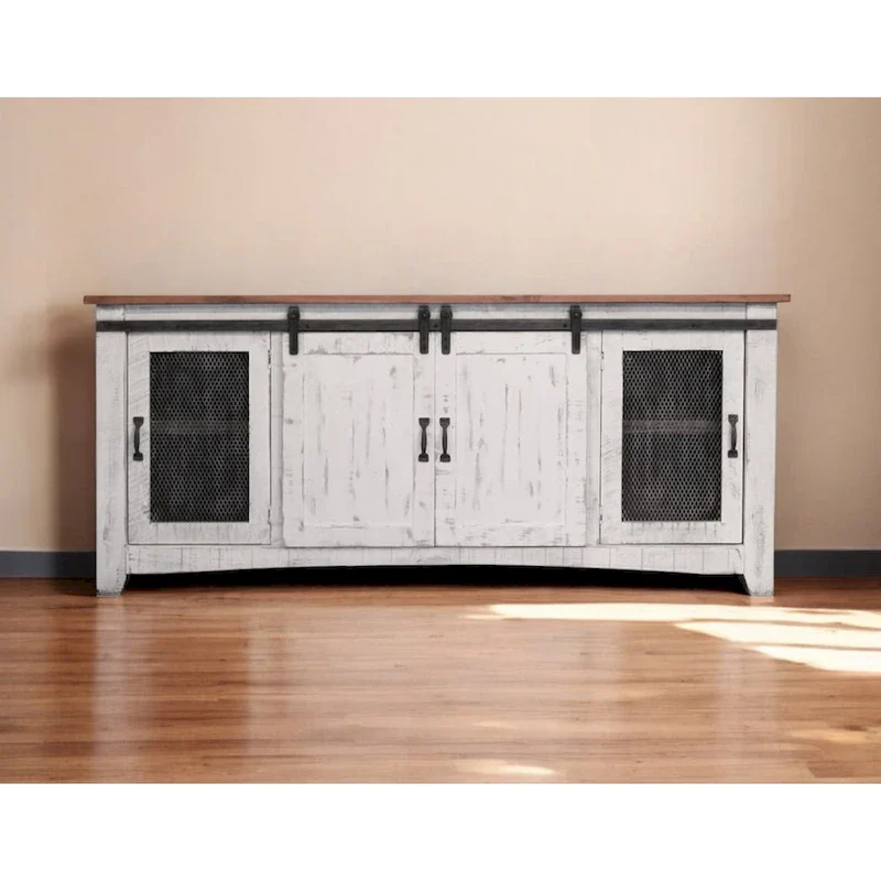 HomeRoots 79 White Solid Wood Cabinet Enclosed Storage Distressed TV Stand - 78.75' X '34.75' X '19