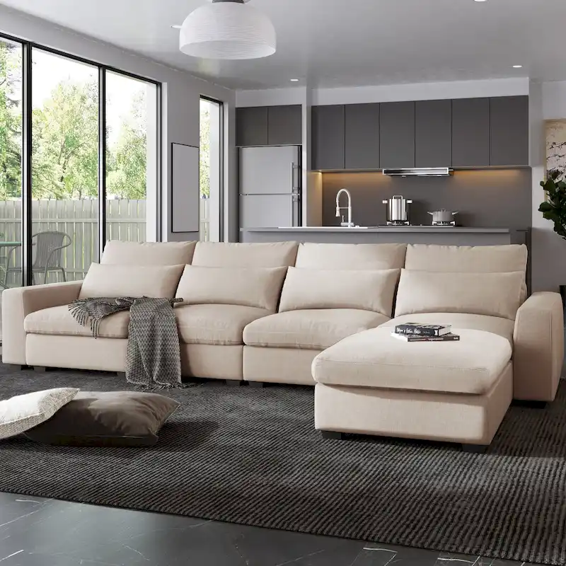 Modern Convertible Large L-shaped Feather Filled Sectional Sofa with Reversible Chaise - 129.9W x 72D x 31.5H