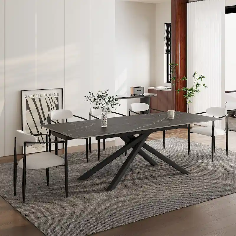 9 - Piece Extendable Sintered Stone Top Cross Legs Dining Set With 8 Fabric Chair