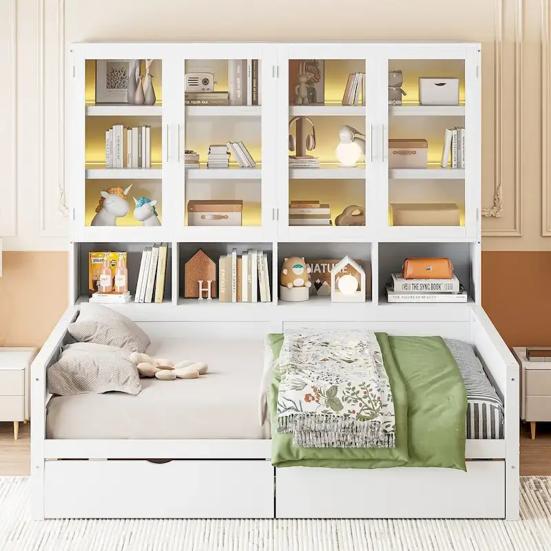 Bookcase Daybed with Storage Cabinets Wooden Captains Bed Built-in LED Lighting