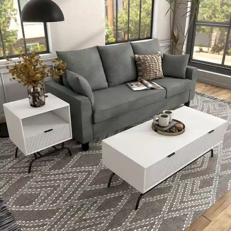 DH BASIC 2-Piece Modern Coffee Table and End Table Set with 3D Wave Accented Drawers by Denhour