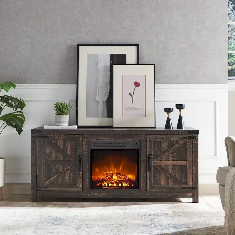 Farmhouse Fireplace TV Stand, Rustic Entertainment Center