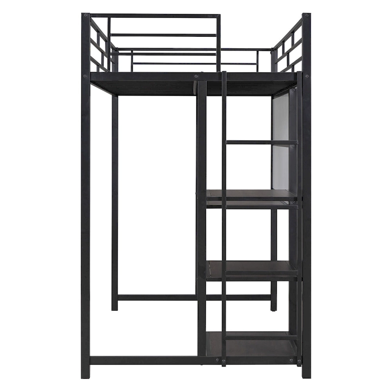 Metal Loft Bed with 3 Shelves and Ladder