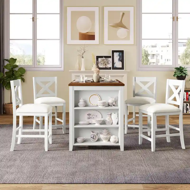 5-Piece Rustic Dining Set with Wooden Bar Table & 4 Chairs