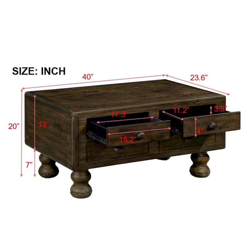 Rectangle Coffee Table, 4 Drawers, Pine Wood & MDF, Oak Veneer, Gourd Legs, 40