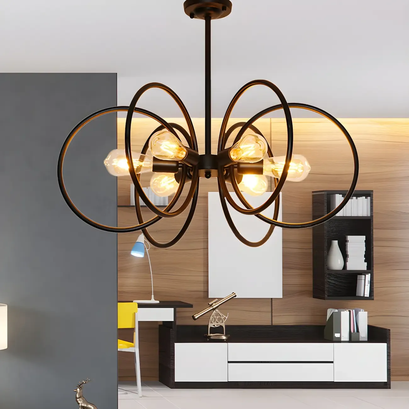 Industrial Black Metal Ring 6-Light Chandelier