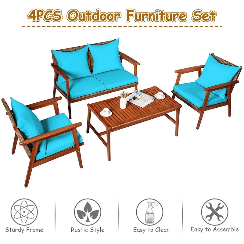 Costway 8PCS Patio Rattan Furniture Set Acacia Wood Frame Cushioned