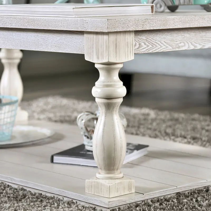 Wood Coffee Table with Lower Shelf, Antique White, Rustic Traditional, 52"L, 75 lbs, Seats 1+