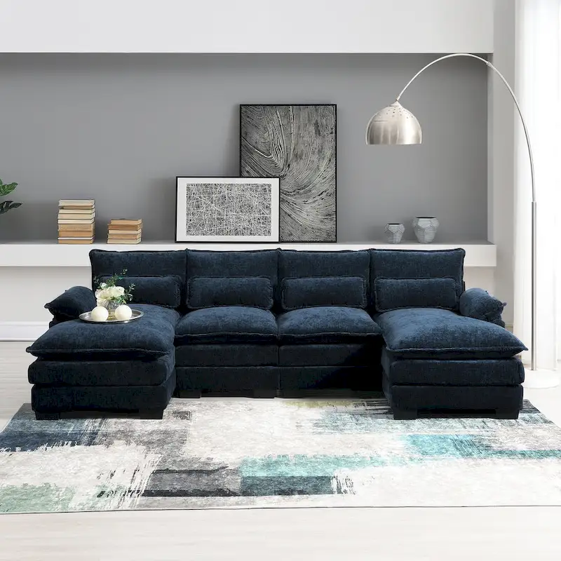 Blue Chenille 6-Seat Modular U-Shaped Sleeper Sectional Sofa with Chaise