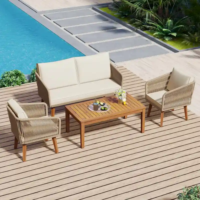 4-Piece Outdoor Patio Conversation Set with Table,Cushions, for Backyard