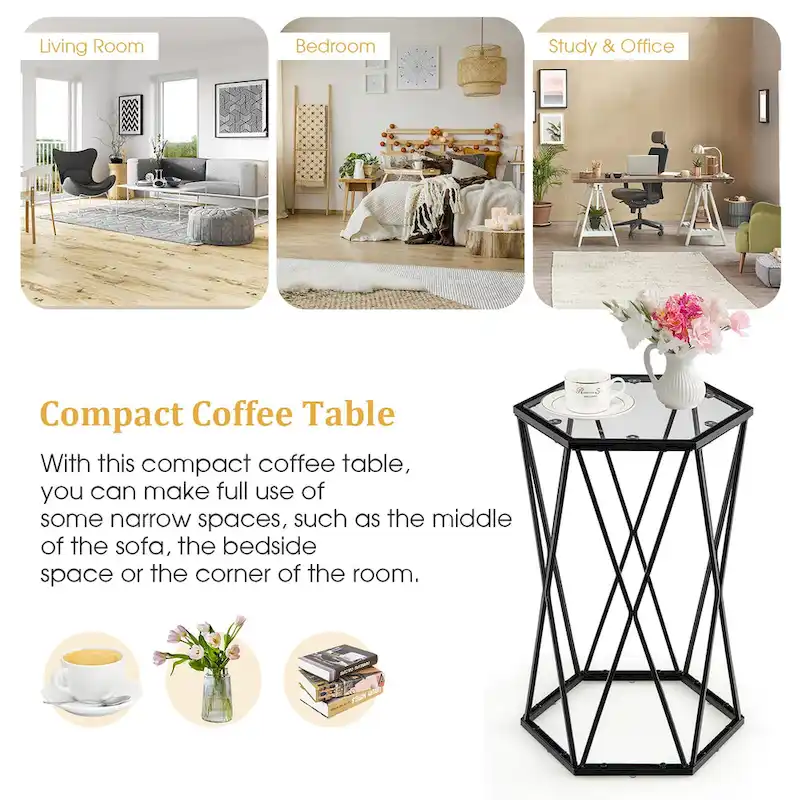 Costway End Table Tempered Glass Top Metal Frame Hexagonal Accent Side - 16x 13.5x 24