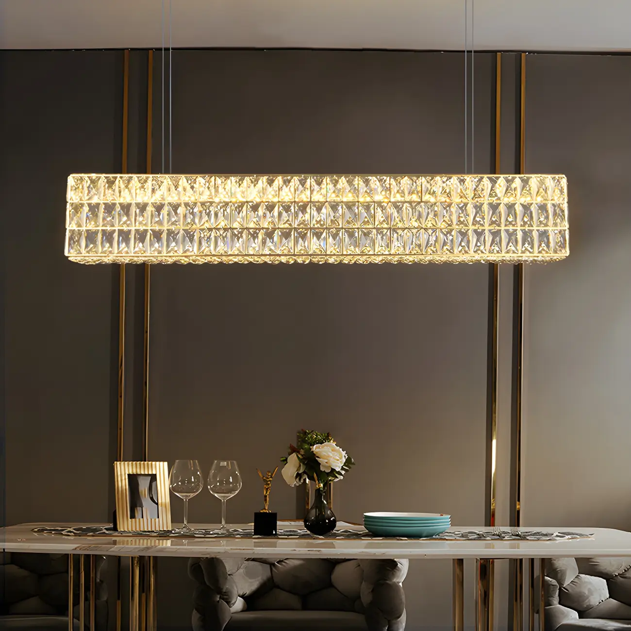 Modern Crystal Steel Rectangular Island Light