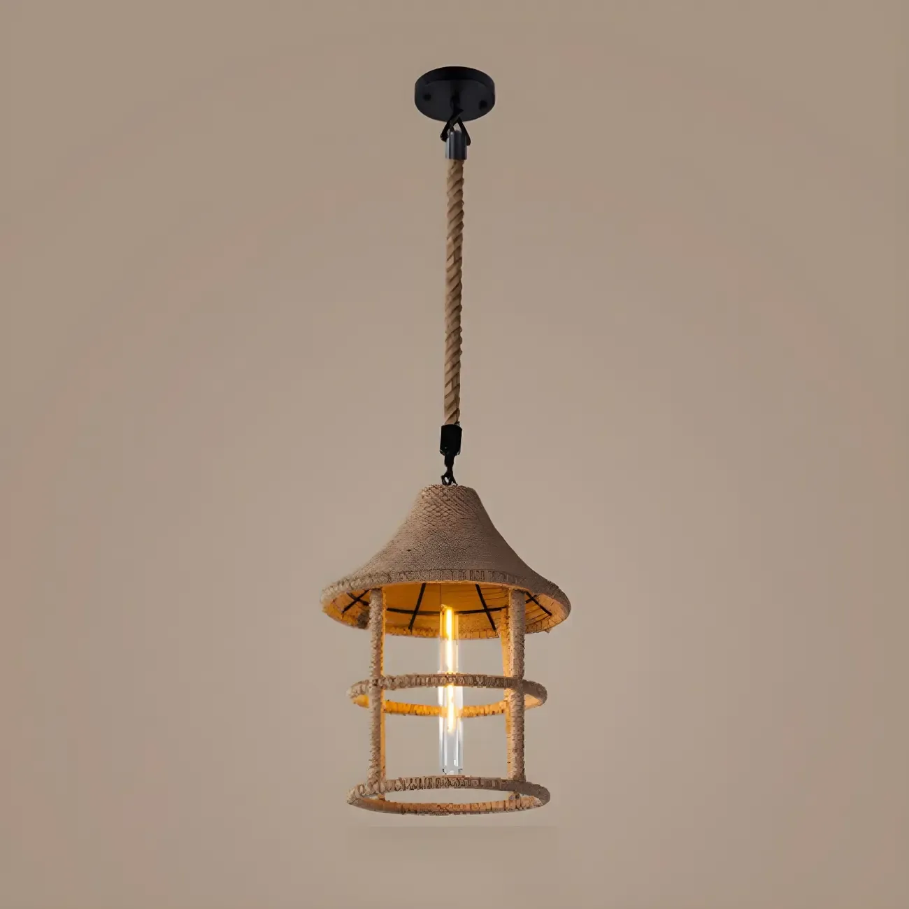 Industrial Rattan Black Metal Hemp Rope Pendant Light