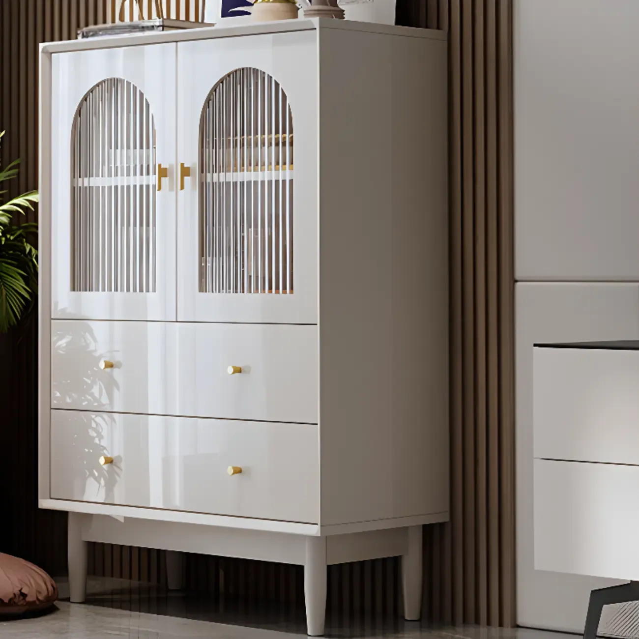 Modern Elegant White Lumber Storage Cabinet with Glass Doors