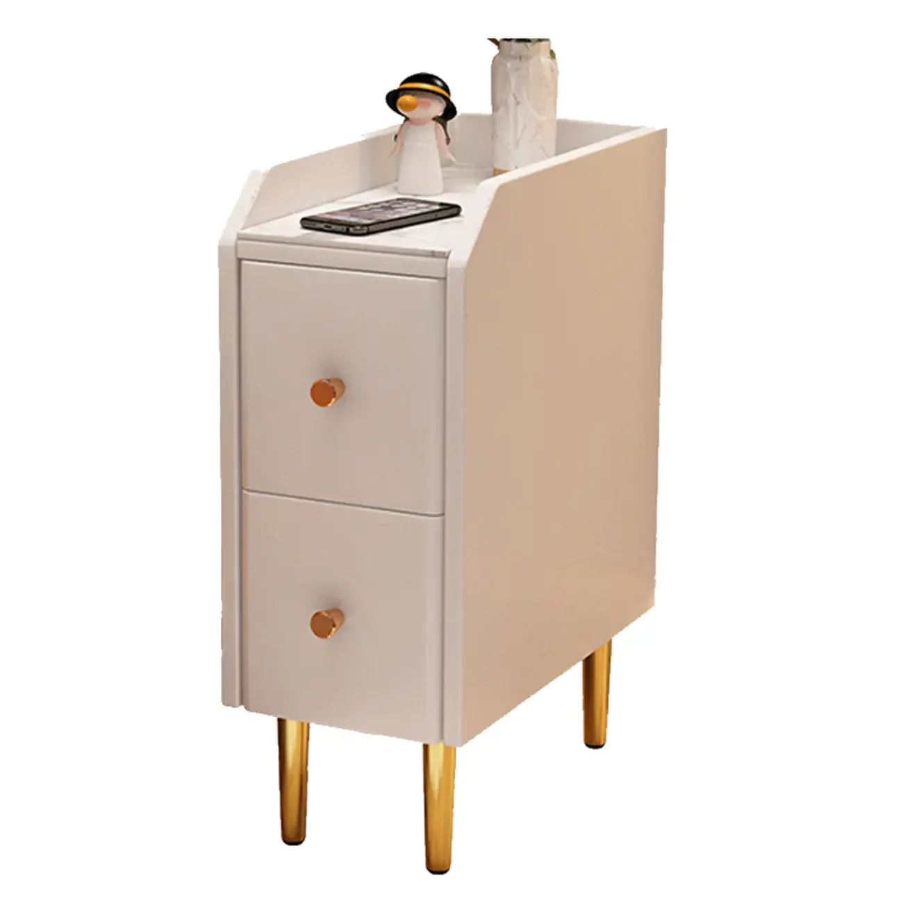 Narrow Faux Leather Drawer Nightstand with Stone Countertop